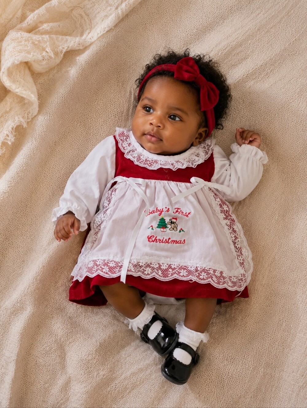 Vintage Charming Original Baby First Christmas Red Velvet Lace Dress 0/3M